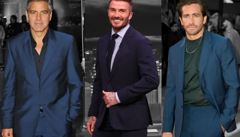 George Clooney, David Beckham und Jake Gyllenhaal zeigen, wie man Anzug Farben kombiniert: von Blau bis Dunkelblau, mit Hemd oder Rollkragen.