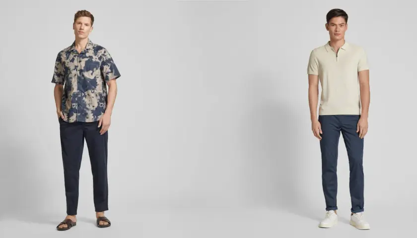 Zwei Männer präsentieren Outfits: links mit gemustertem Hemd und dunklen Hosen, rechts mit hellem Poloshirt und blauen Chinos.
