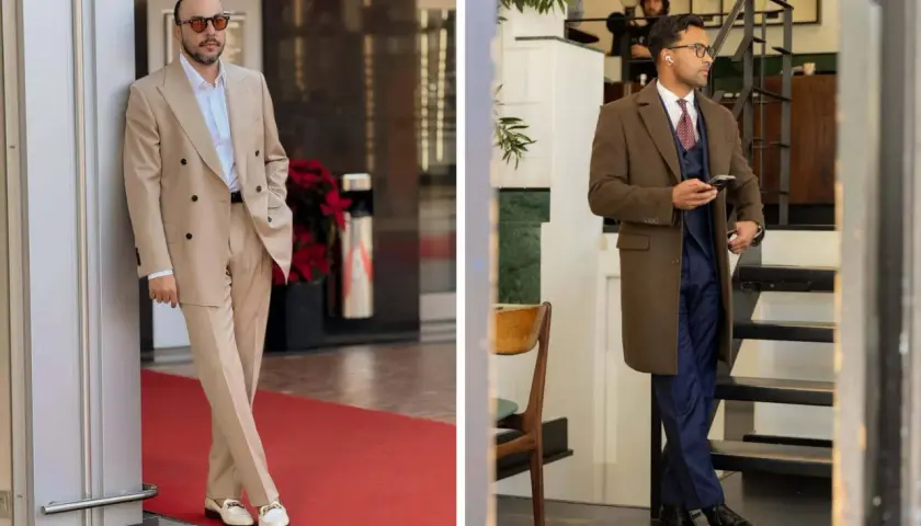 Zwei Männer in eleganten Anzügen. Der linke trägt einen beigen Anzug, der rechte einen dunkelblauen mit braunem Mantel. So muss eine Anzughose sitzen: gerade und ohne Falten.