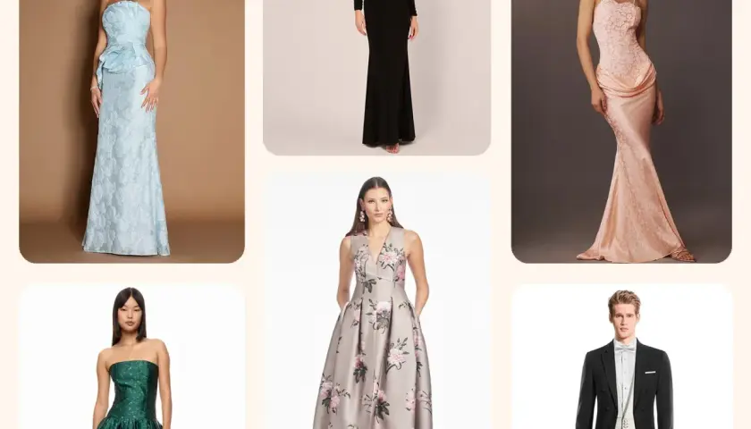 Sechs Outfits für besondere Anlässe: Damen in Abendkleidern und ein Mann im Frack mit white tie.