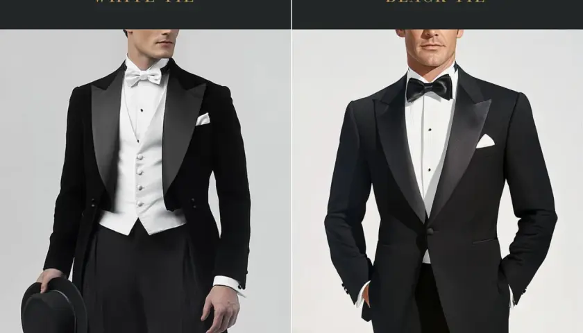 Zwei Männer in eleganter Abendgarderobe für eine black tie party. Links ein Frack mit weißer Weste, rechts ein Smoking.