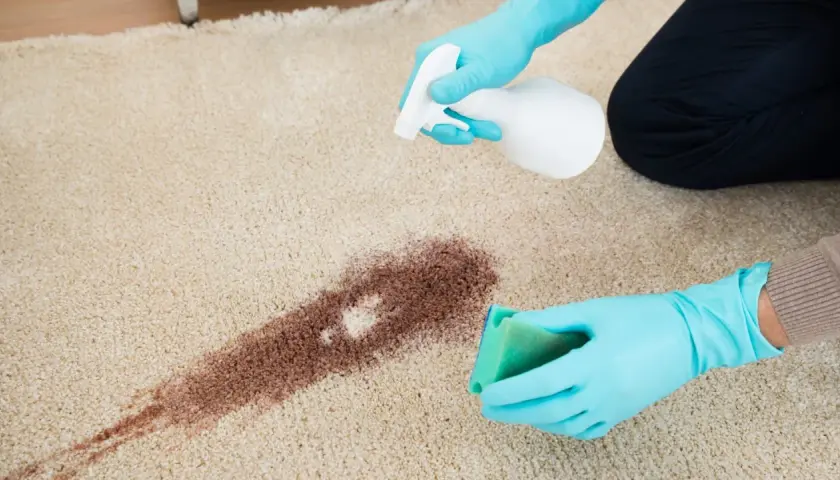Mit blauen Handschuhen und einem Schwamm werden eingetrocknete Rotweinflecken auf einem hellen Teppich entfernt.