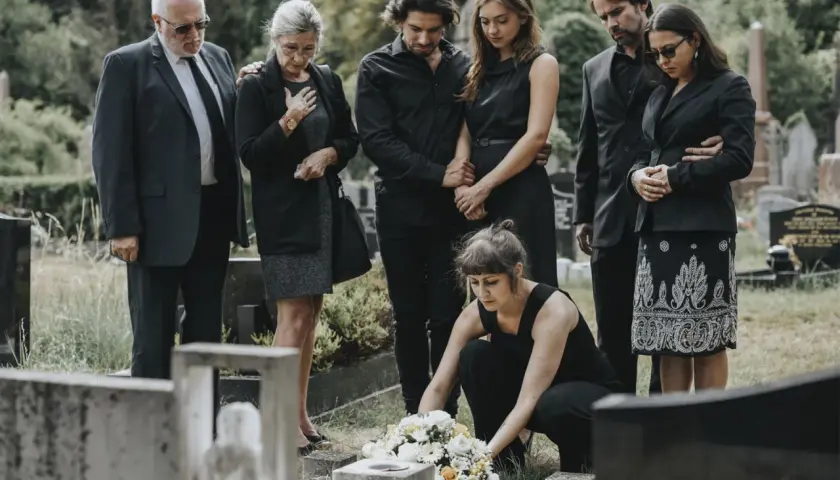 Trauernde Familie in schwarzer Kleidung, was zieht man zur Beerdigung an? Eine Frau legt Blumen nieder.