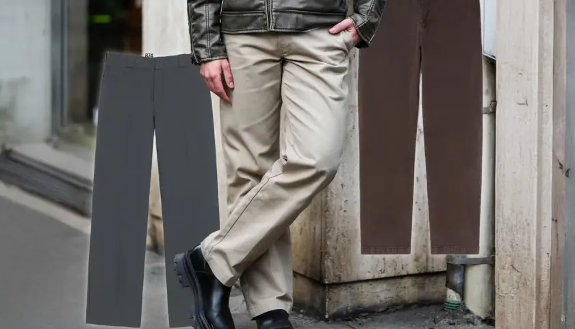 Herren-Outfit: graue Chino kombinieren mit Lederjacke und Chunky Boots. Daneben weitere Hosenfarben.