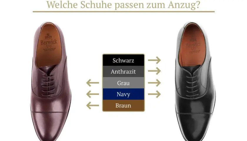 Zwei elegante Herrenschuhe, ein brauner und ein schwarzer, werden mit einer Farbleiste verglichen. Welcher grauer Anzug schuhe passt am besten?
