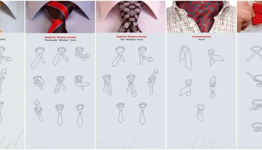 Anleitung zum schmale Krawatte binden: Four-in-hand, Windsor, Ascot und Schleife. Schritt-für-Schritt-Diagramme zeigen, wie man verschiedene Knoten macht.