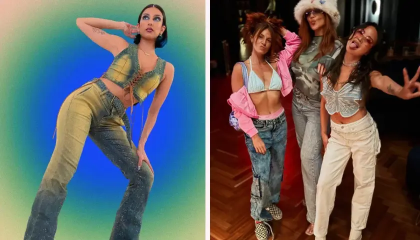 Drei Frauen in stylischen Outfits für eine 2000er Mottoparty: Jeans-Westen, bauchfreie Tops und Baggy-Hosen.