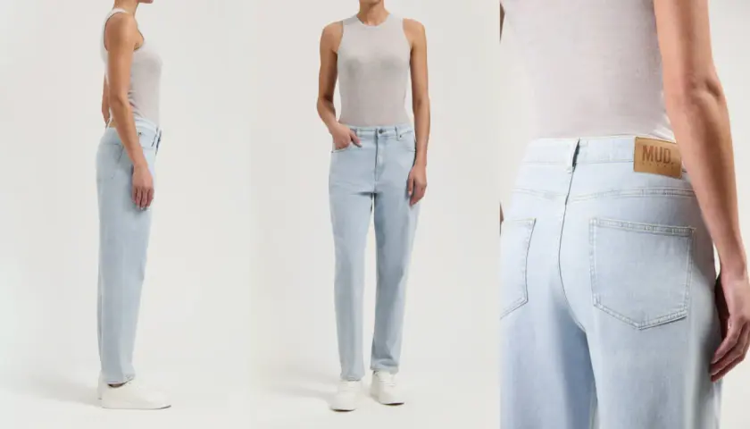 Drei Ansichten einer Frau in hellblauen, schmal zulaufenden Jeans. Das slim tapered jeans bedeutung liegt in der modernen, schmeichelhaften Passform.