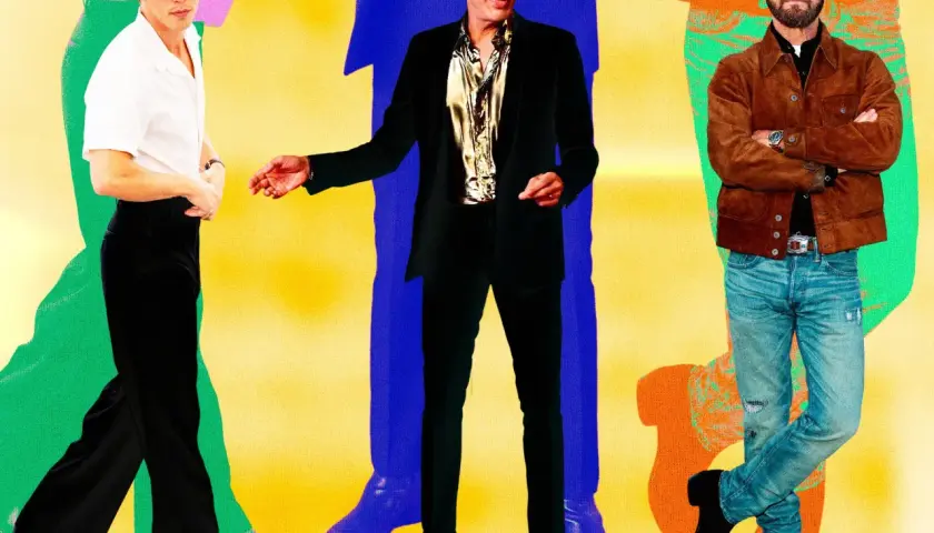 Drei Männer in stylischen Outfits. Links ein Anzug mit Chelsea Boots, daneben ein Samt-Sakko mit glänzendem Hemd und rechts Jeans mit Wildlederjacke und Chelsea Boots.