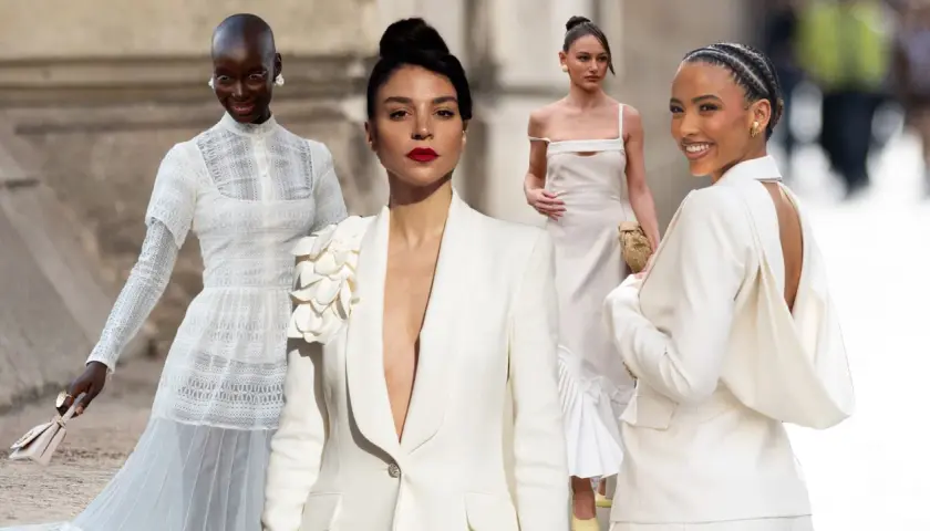 Vier Frauen in eleganten weißen Outfits, bereit für eine Hochzeit am Standesamt. Eine könnte die Brautjungfer sein, die andere die Trauzeugin.