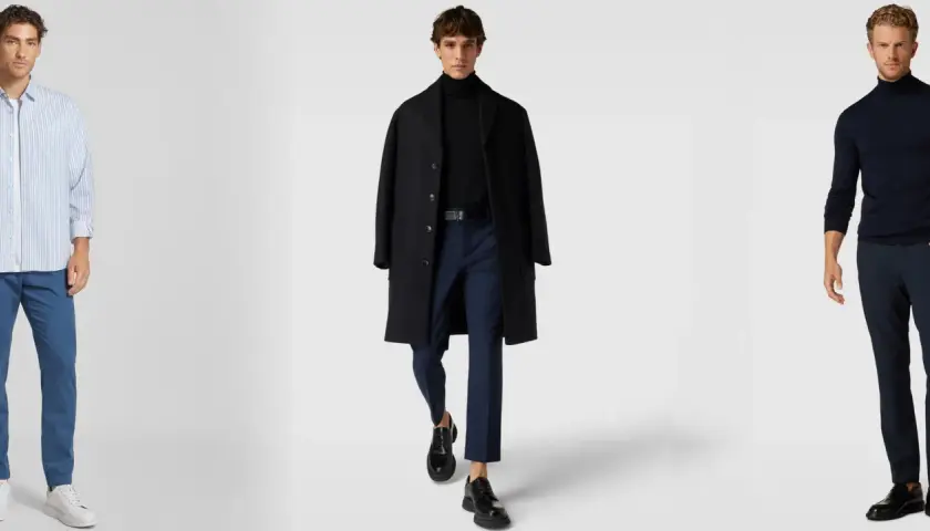 Herren-Outfits: Hellblau gestreifte Hemden mit blauen Hosen, schwarzer Mantel mit dunkelblauer Hose kombinieren Herren, dunkelblauer Rollkragenpullover mit dunkelblauer Hose.