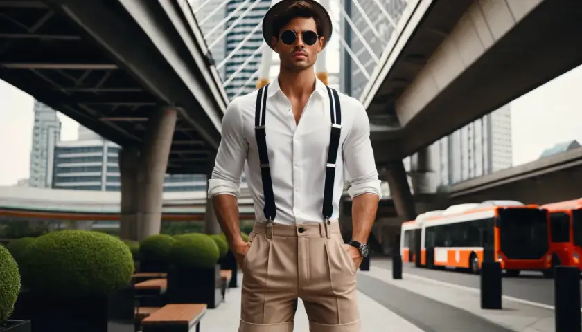 Stilvoller Mann mit beige kurze hose kombinieren herren, weißem Hemd, Hosenträgern und Hut vor moderner Architektur.