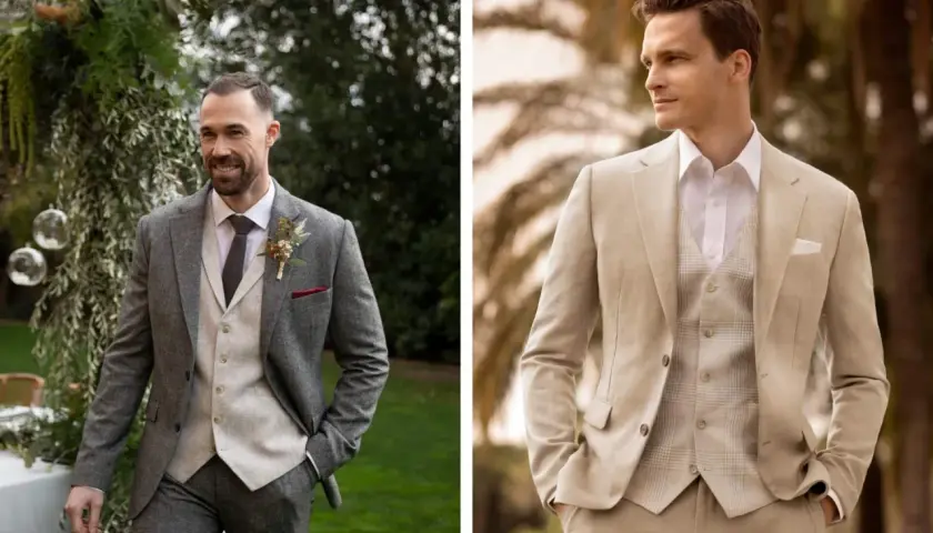 Zwei Männer in eleganten Anzügen, bereit für eine Hochzeit oder ein Event mit black tie optional.