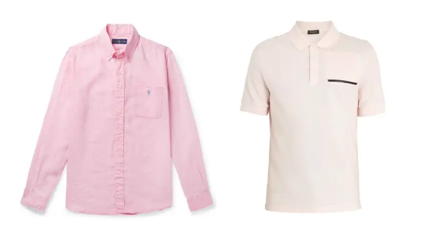 Zwei Hemden für Herren: ein rosa Leinenhemd mit Knopfleiste und Brusttasche, daneben ein hellrosa Poloshirt mit Brusttasche. Perfekt, um rosa Hemd kombinieren Herren-Looks zu kreieren.