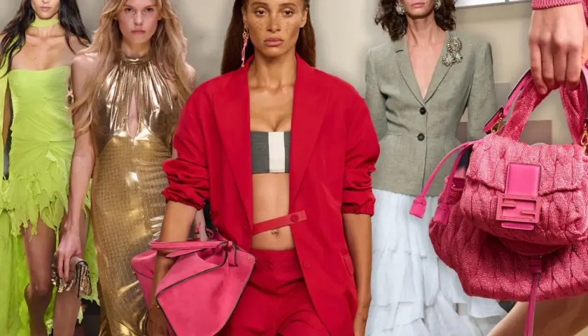 Models präsentieren Outfits von beliebte modemarken: leuchtendes Grün, Gold, Rot und Grau mit auffälligen Accessoires.