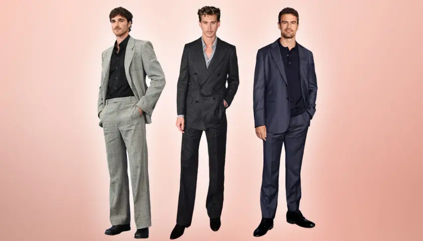 Drei Männer in eleganten Anzügen, perfekt für smart casual Damen abends.