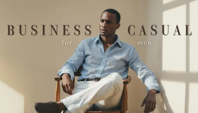 Ein Mann im modernen Business-Look für Herren, lässig in einem Leinenhemd und hellen Hosen auf einem Holzstuhl sitzend.