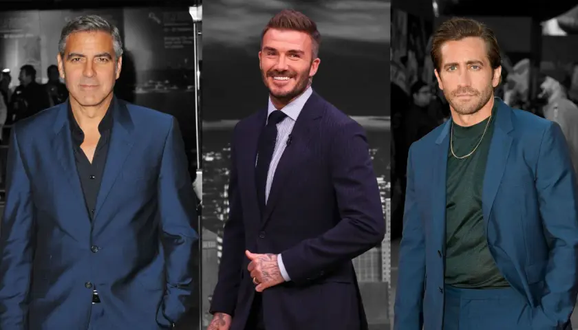 George Clooney, David Beckham und Jake Gyllenhaal tragen elegante Anzüge. Clooney und Gyllenhaal tragen einen blauen Anzug mit einem grauen Hemd.