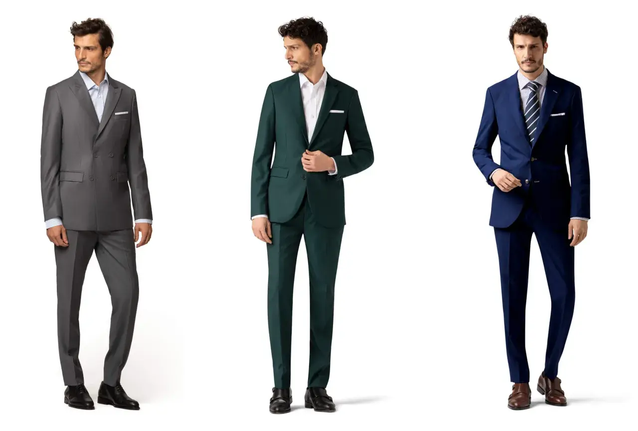 Drei Männer in Anzügen: grau, grün und blau. Perfekt für smart casual hochzeit herren.