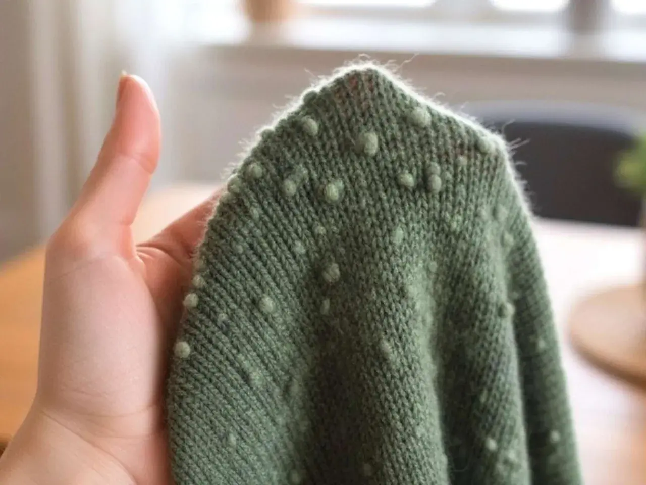 Grüner wollpullover fusselt leicht, mit kleinen Noppenmuster. Eine Hand hält den Stoff.