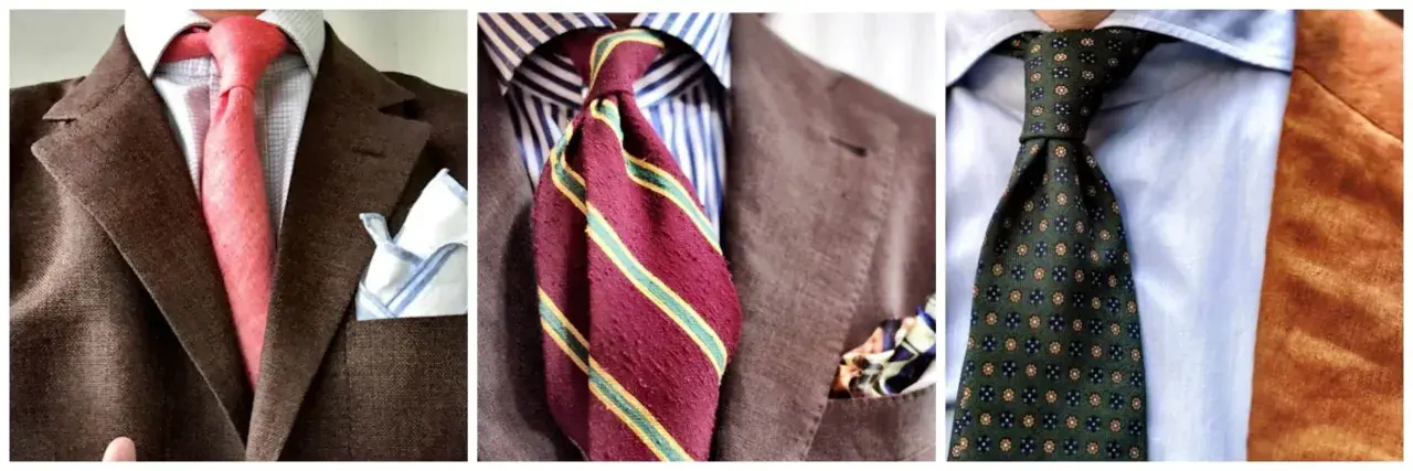 Drei Herren-Outfits mit Krawatten: eine rote Krawatte, eine gestreifte Krawatte und eine grüne Krawatte mit Muster. Perfekt, um zu lernen, wie man eine Krawatte binden kann.