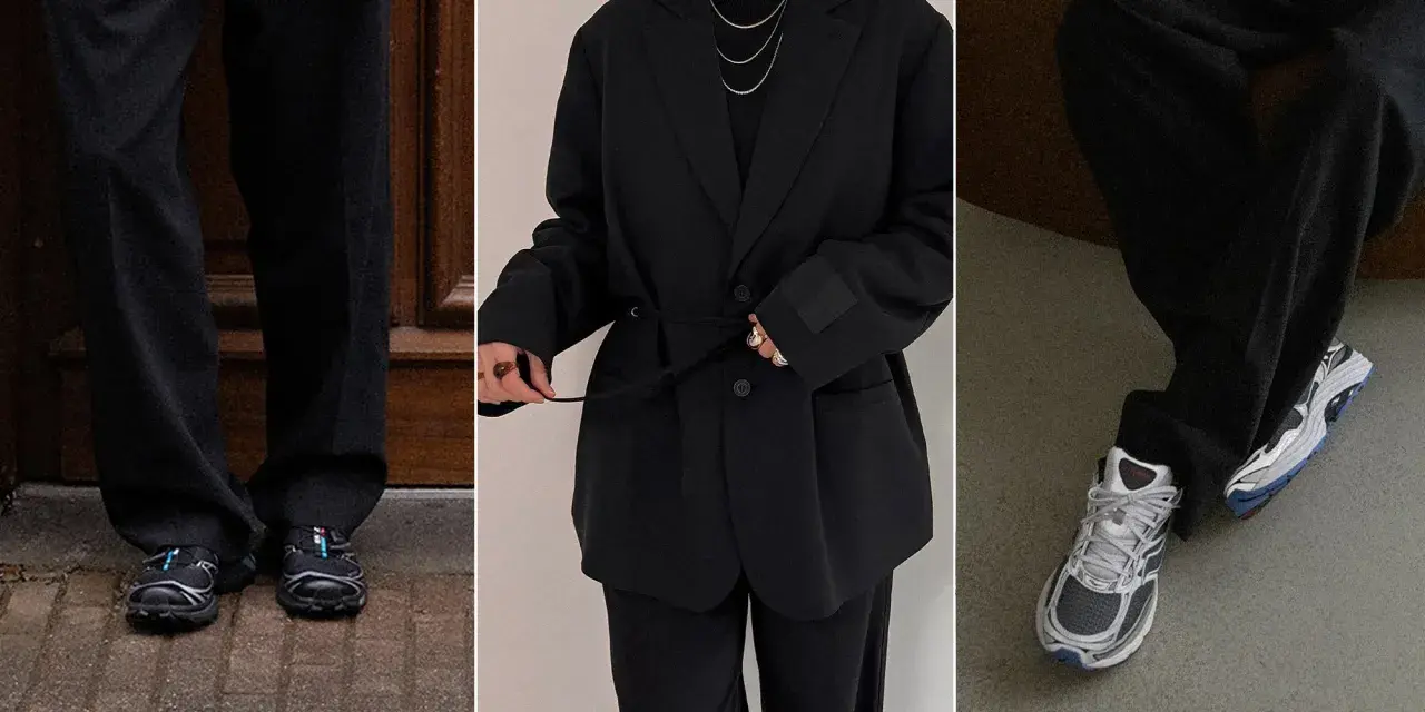 Schwarzer Anzug mit Sneakern – ein lässiger Look für den Alltag.