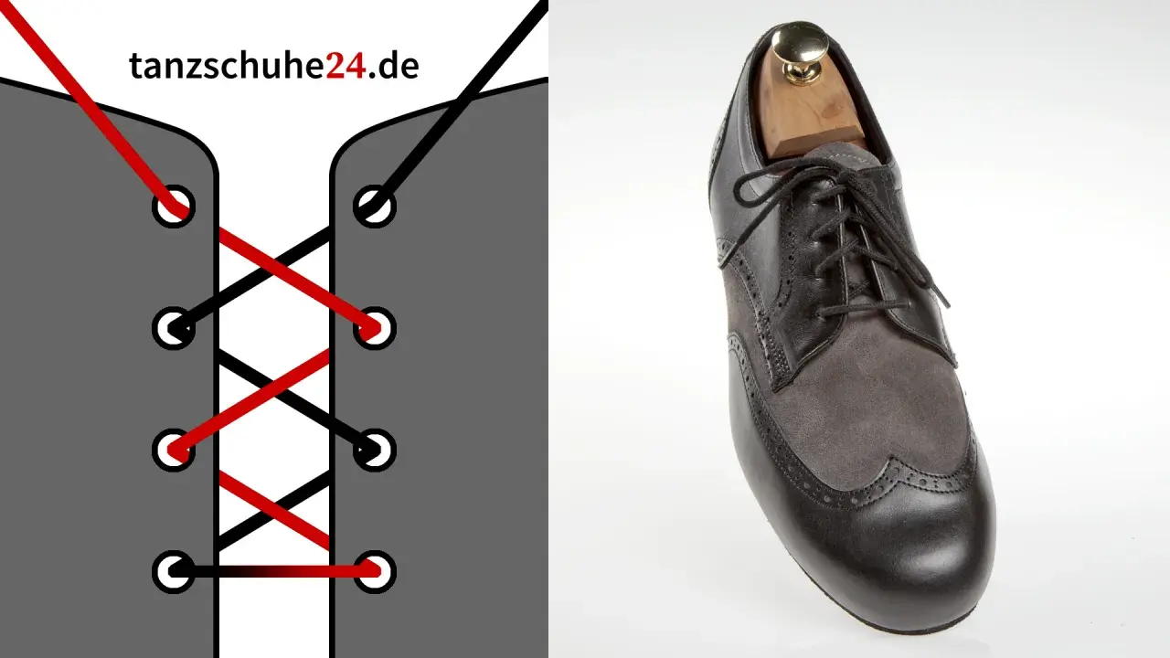 Illustration zeigt Schnürung, daneben ein eleganter Herrenschuh. Die Frage: welche schuhe zum anzug? tanzschuhe24.de.
