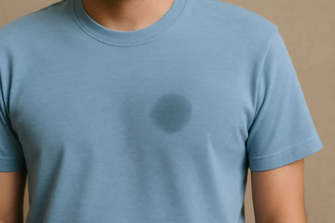 Ein dunkler Fleck auf einem hellblauen Baumwoll-T-Shirt, der zeigt, wie man Fettflecken aus Baumwolle entfernen kann.