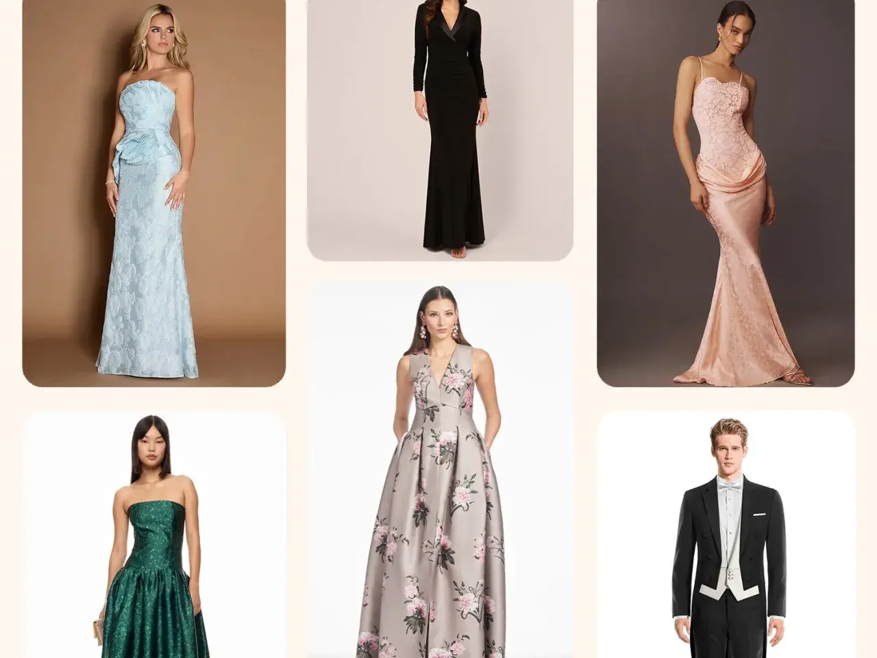 Sechs Outfits für besondere Anlässe: Damen in Abendkleidern und ein Mann im Frack mit white tie.