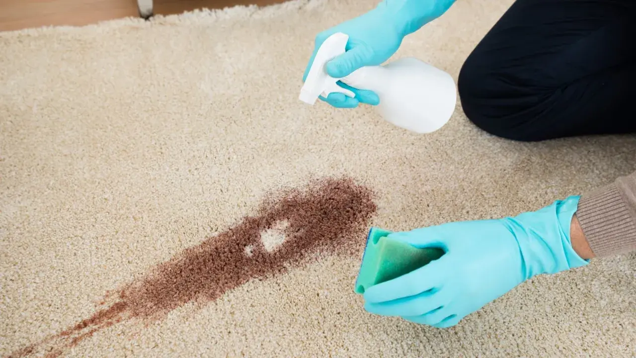 Mit blauen Handschuhen und einem Schwamm werden eingetrocknete Rotweinflecken auf einem hellen Teppich entfernt.