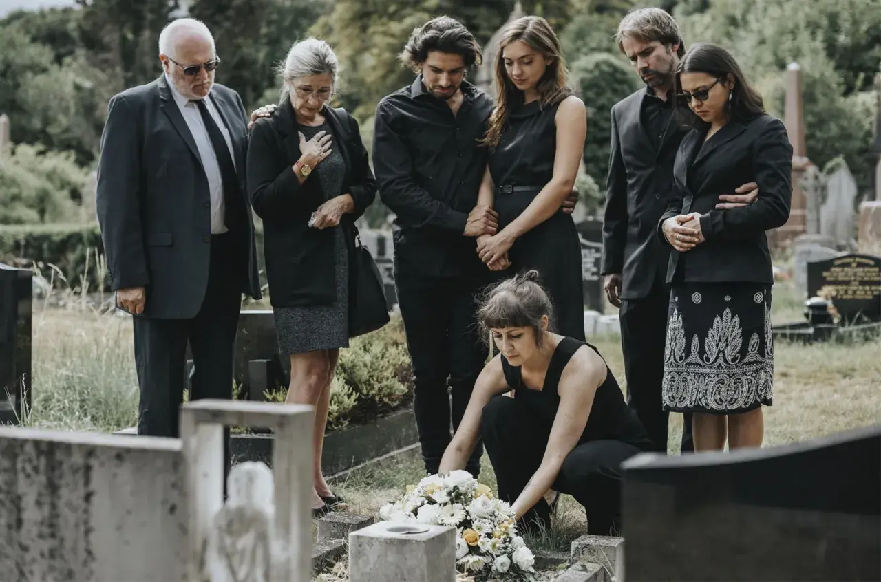 Trauernde Familie in schwarzer Kleidung, was zieht man zur Beerdigung an? Eine Frau legt Blumen nieder.