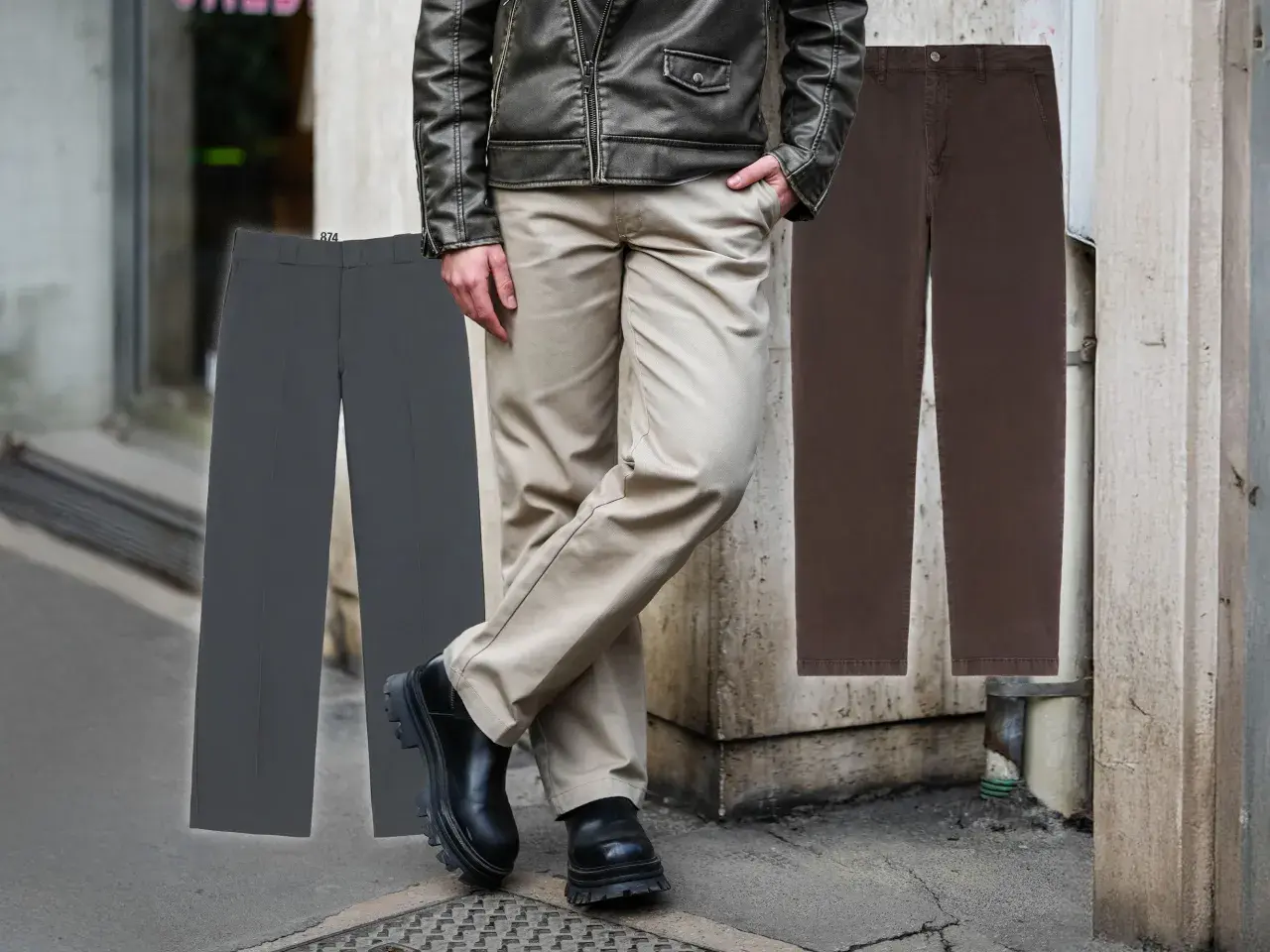 Herren-Outfit: graue Chino kombinieren mit Lederjacke und Chunky Boots. Daneben weitere Hosenfarben.