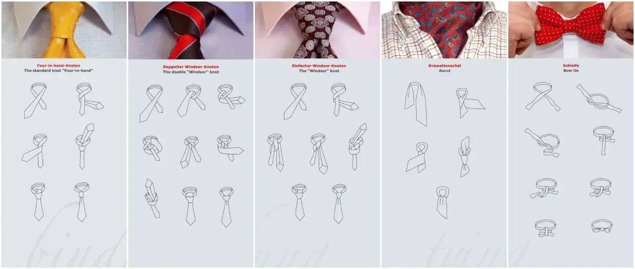 Anleitung zum schmale Krawatte binden: Four-in-hand, Windsor, Ascot und Schleife. Schritt-für-Schritt-Diagramme zeigen, wie man verschiedene Knoten macht.