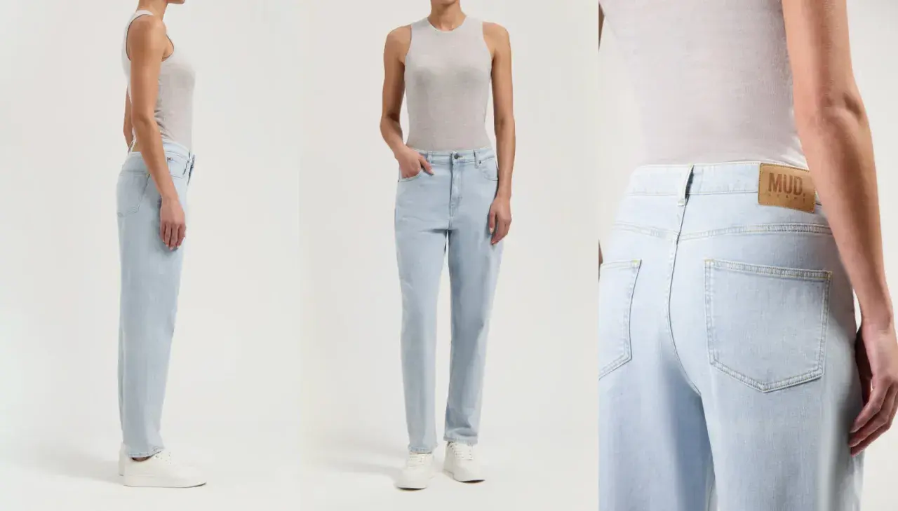 Drei Ansichten einer Frau in hellblauen, schmal zulaufenden Jeans. Das slim tapered jeans bedeutung liegt in der modernen, schmeichelhaften Passform.