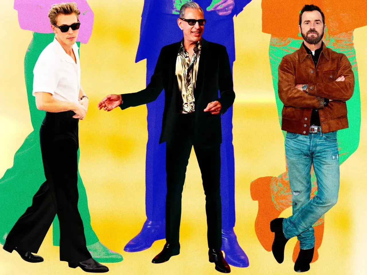 Drei Männer in stylischen Outfits. Links ein Anzug mit Chelsea Boots, daneben ein Samt-Sakko mit glänzendem Hemd und rechts Jeans mit Wildlederjacke und Chelsea Boots.