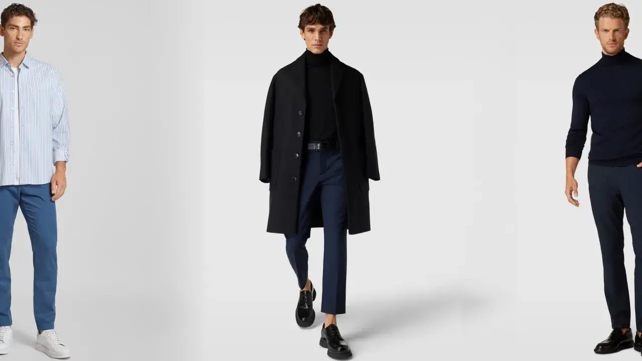 Herren-Outfits: Hellblau gestreifte Hemden mit blauen Hosen, schwarzer Mantel mit dunkelblauer Hose kombinieren Herren, dunkelblauer Rollkragenpullover mit dunkelblauer Hose.