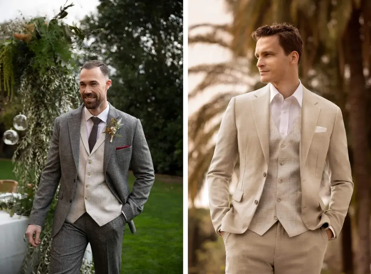 Zwei Männer in eleganten Anzügen, bereit für eine Hochzeit oder ein Event mit black tie optional.