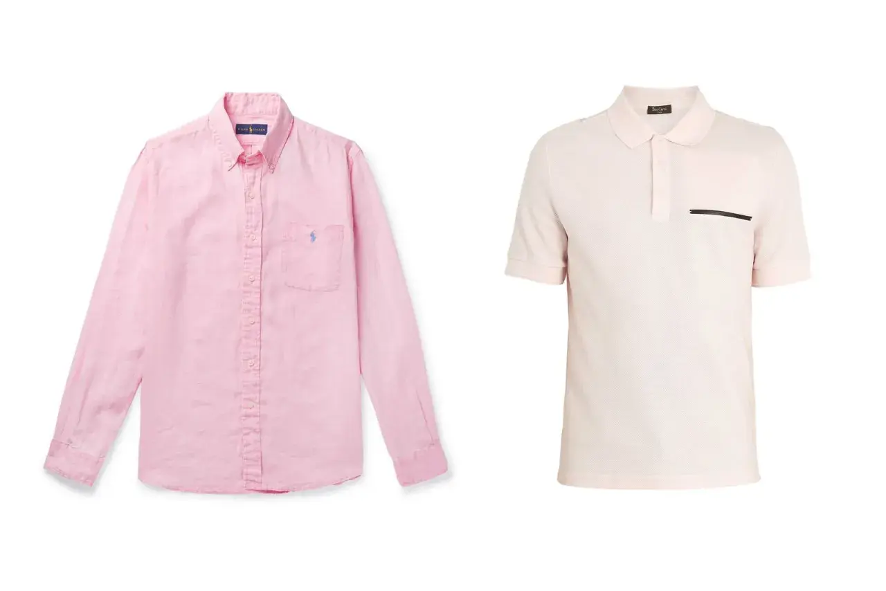 Zwei Hemden für Herren: ein rosa Leinenhemd mit Knopfleiste und Brusttasche, daneben ein hellrosa Poloshirt mit Brusttasche. Perfekt, um rosa Hemd kombinieren Herren-Looks zu kreieren.