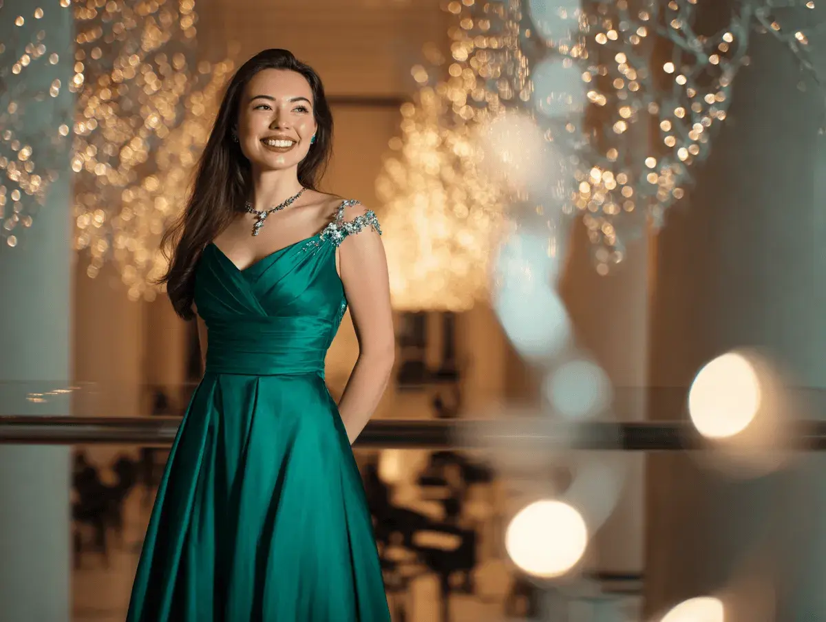 Junge Frau in einem smaragdgrünen Ballkleid mit funkelnden Verzierungen an den Schultern. Perfekt, wenn man sich fragt, was zieht man zum Abiball an.