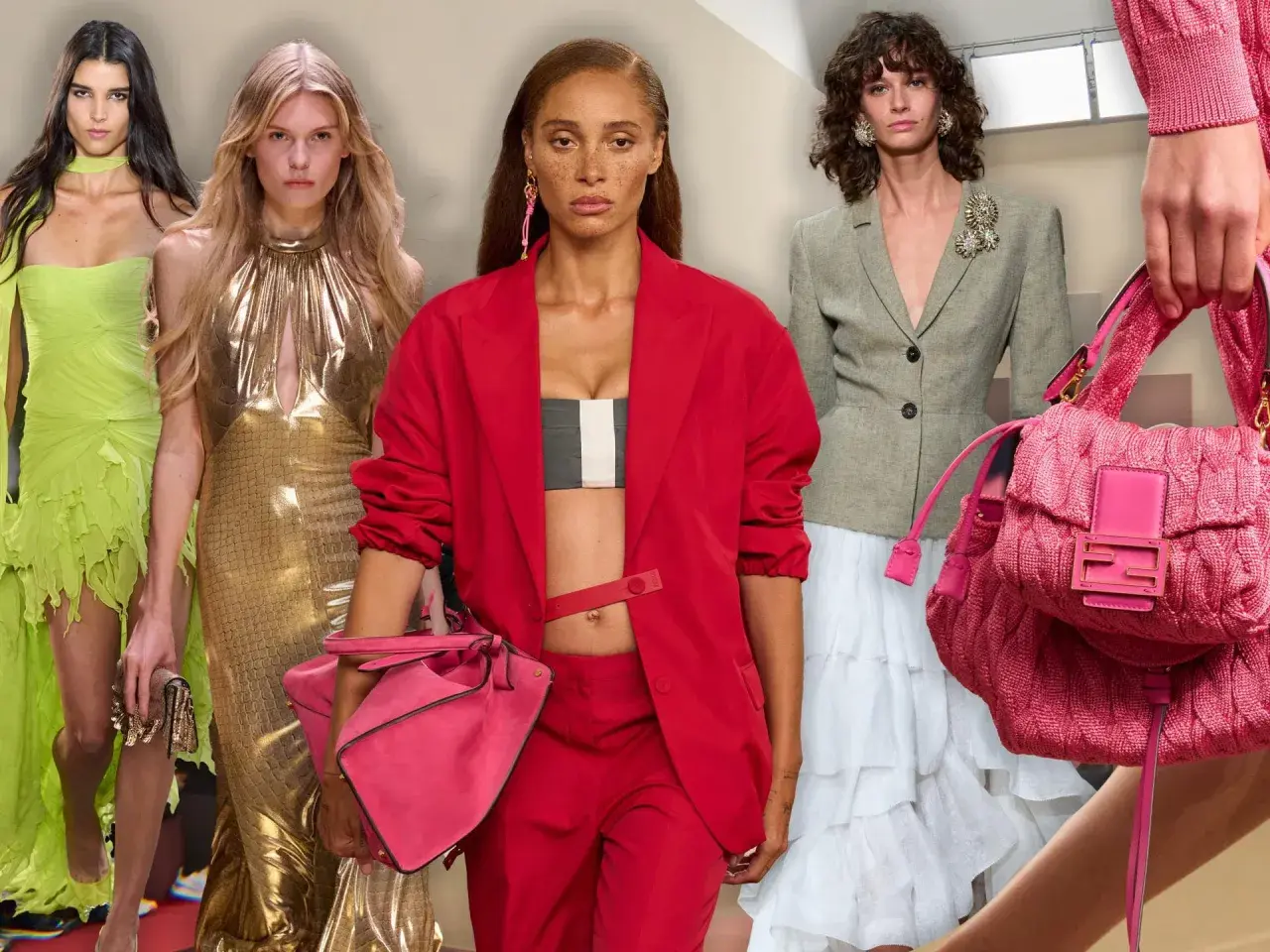 Models präsentieren Outfits von beliebte modemarken: leuchtendes Grün, Gold, Rot und Grau mit auffälligen Accessoires.