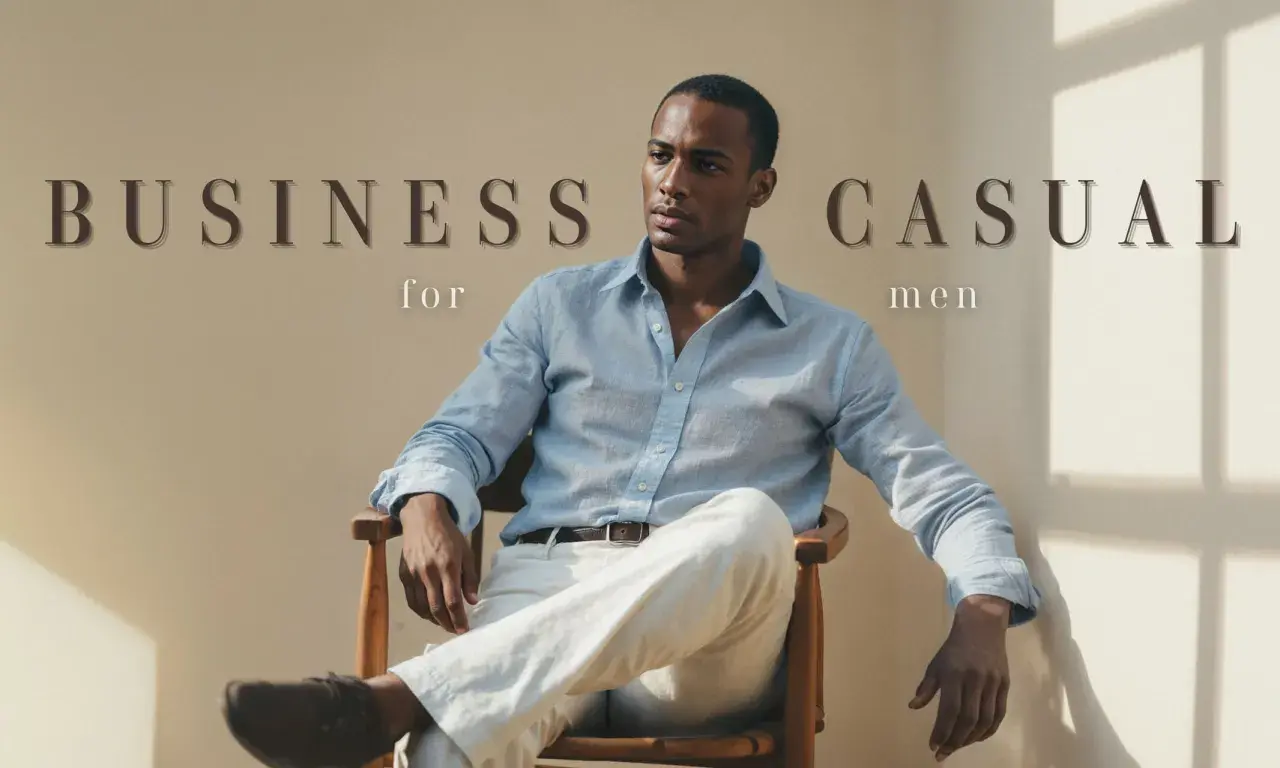 Ein Mann im modernen Business-Look für Herren, lässig in einem Leinenhemd und hellen Hosen auf einem Holzstuhl sitzend.