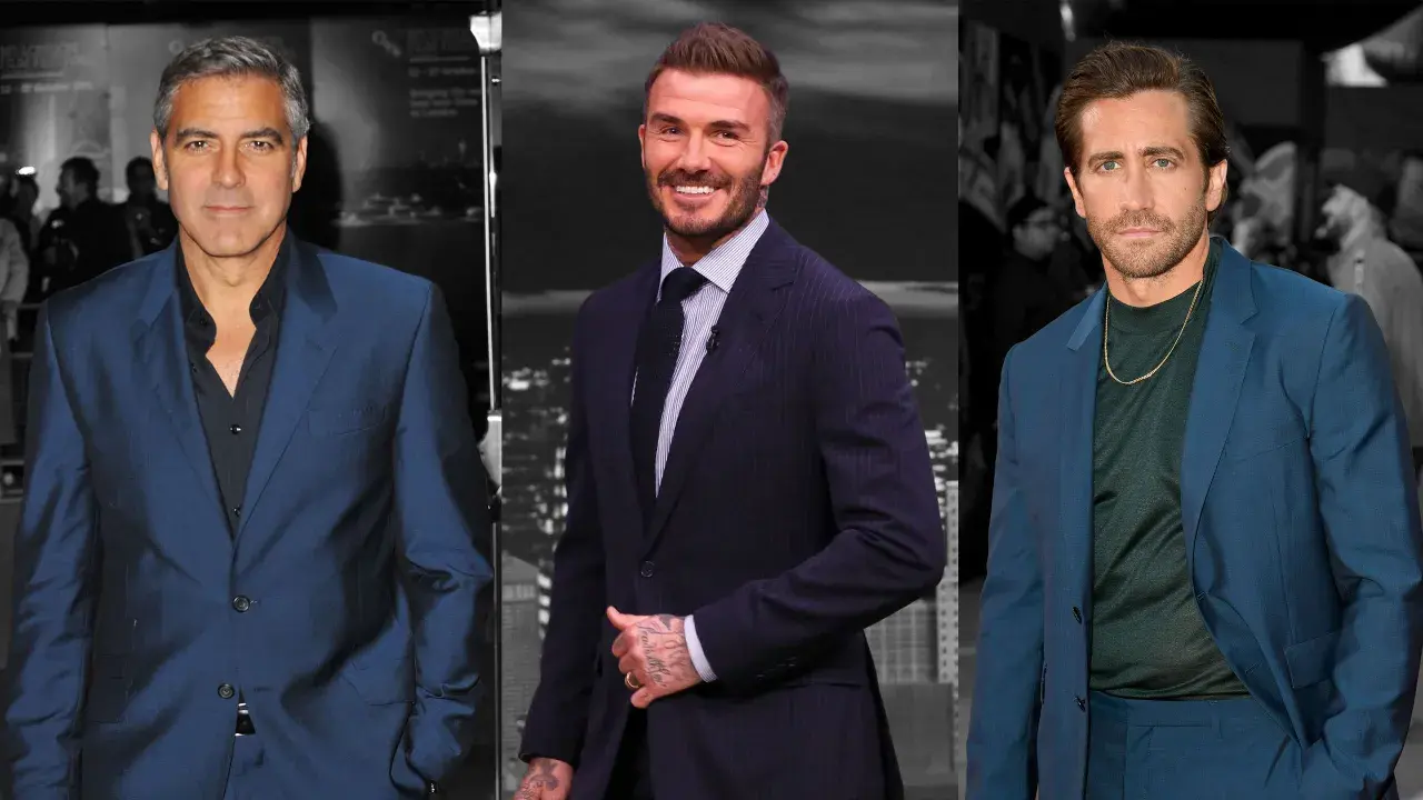 George Clooney, David Beckham und Jake Gyllenhaal tragen elegante Anzüge. Clooney und Gyllenhaal tragen einen blauen Anzug mit einem grauen Hemd.