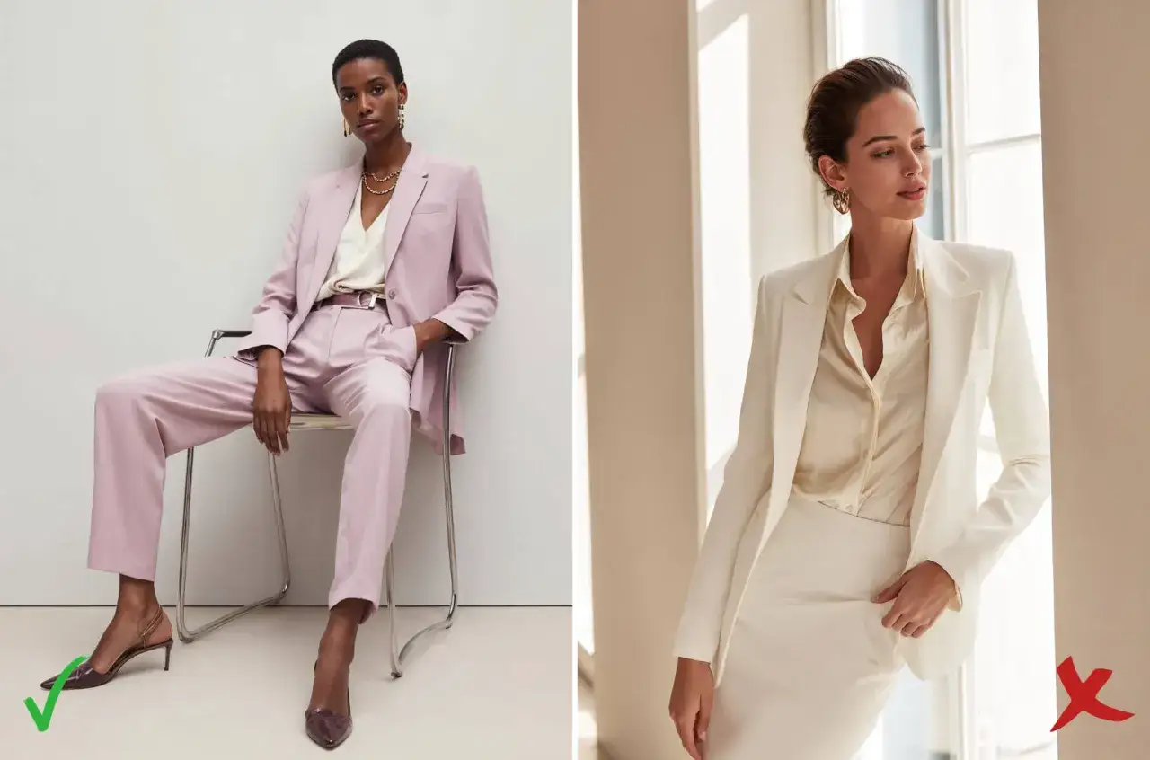Zwei Frauen in eleganten Outfits: Links eine Frau in einem rosafarbenen Hosenanzug, rechts eine Frau im cremefarbenen Hosenanzug. Perfekt für ein Hochzeitsoutfit Mann ohne Anzug.
