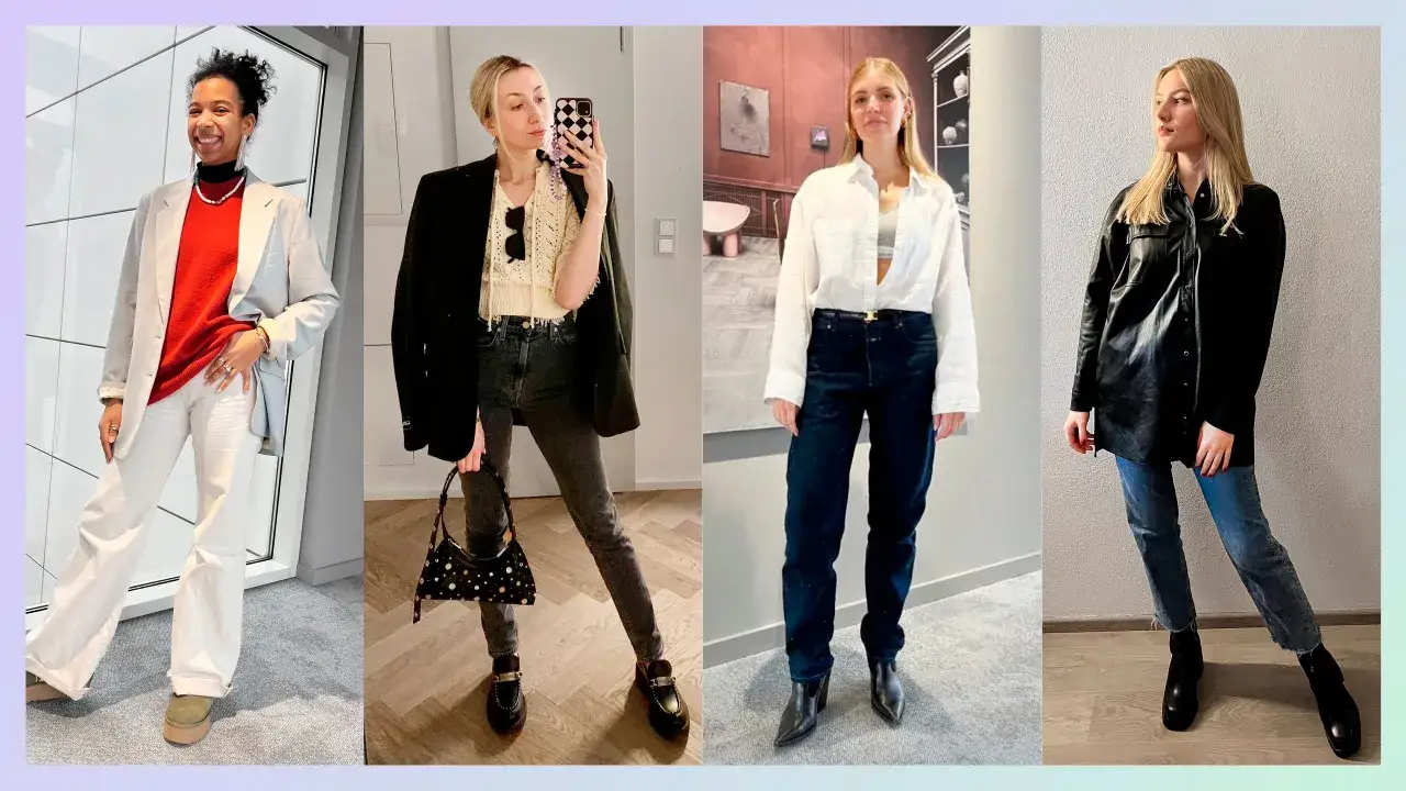 Vier Frauen pr&auml;sentieren stylische Outfits. Links ein wide leg jeans outfit mit wei&szlig;er Hose, rotem Pullover und hellem Blazer.