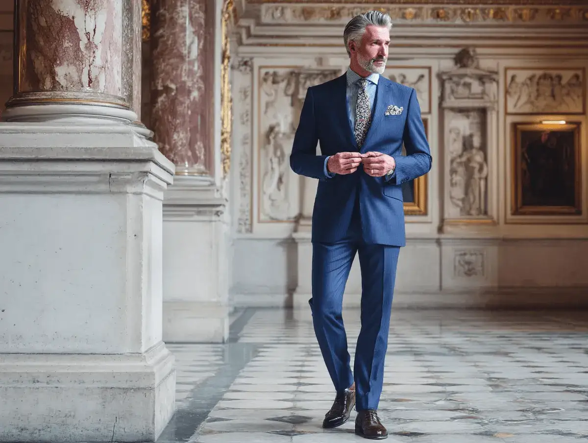 Elegante abiball vater kleidung: ein Mann im blauen Nadelstreifenanzug mit gemustertem Einstecktuch und Krawatte steht in einem prunkvollen Geb&auml;ude.