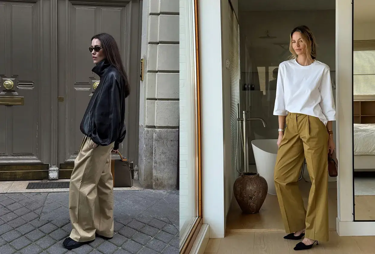 Zwei Frauen zeigen, wie man chino hose richtig tragen damen kann: l&auml;ssig mit Lederjacke oder elegant mit wei&szlig;em Shirt.