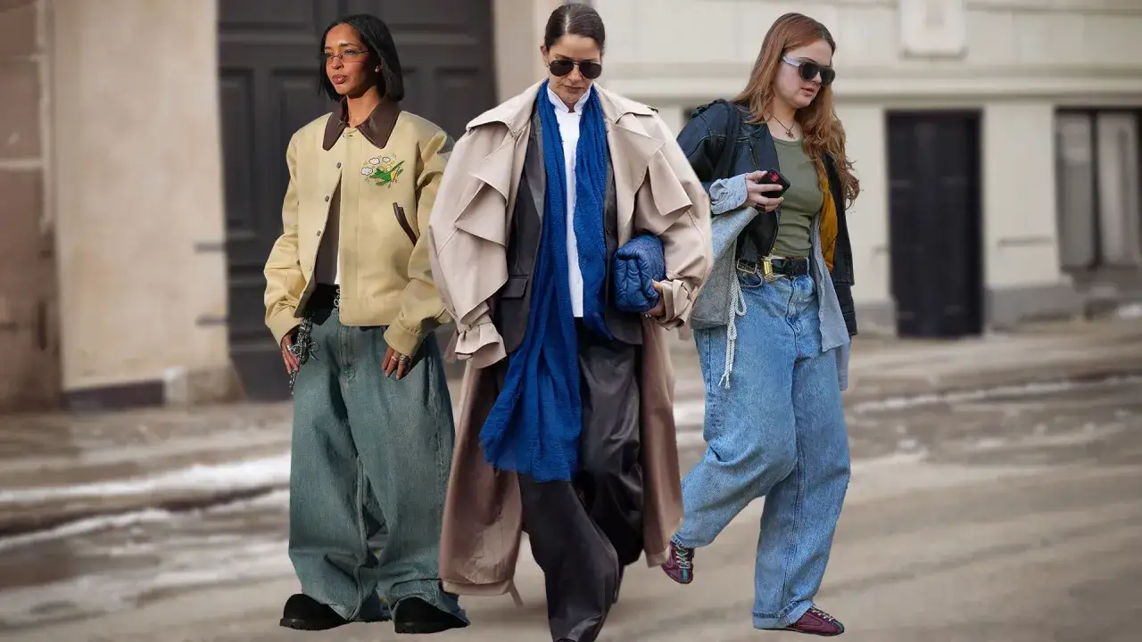 Drei Personen präsentieren lässige Outfits mit baggy jeans herren. Eine Person trägt eine beige Bomberjacke, die andere einen beigen Trenchcoat mit blauer Seide, die dritte eine Lederjacke.