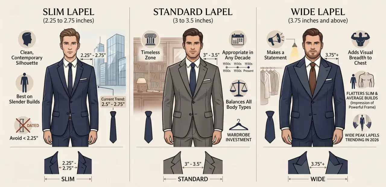Vergleich von Anz&uuml;gen: Slim, Standard und Wide Lapel. Der Slim Lapel Anzug ist modern, der Standard zeitlos und der Wide Lapel macht ein Statement.