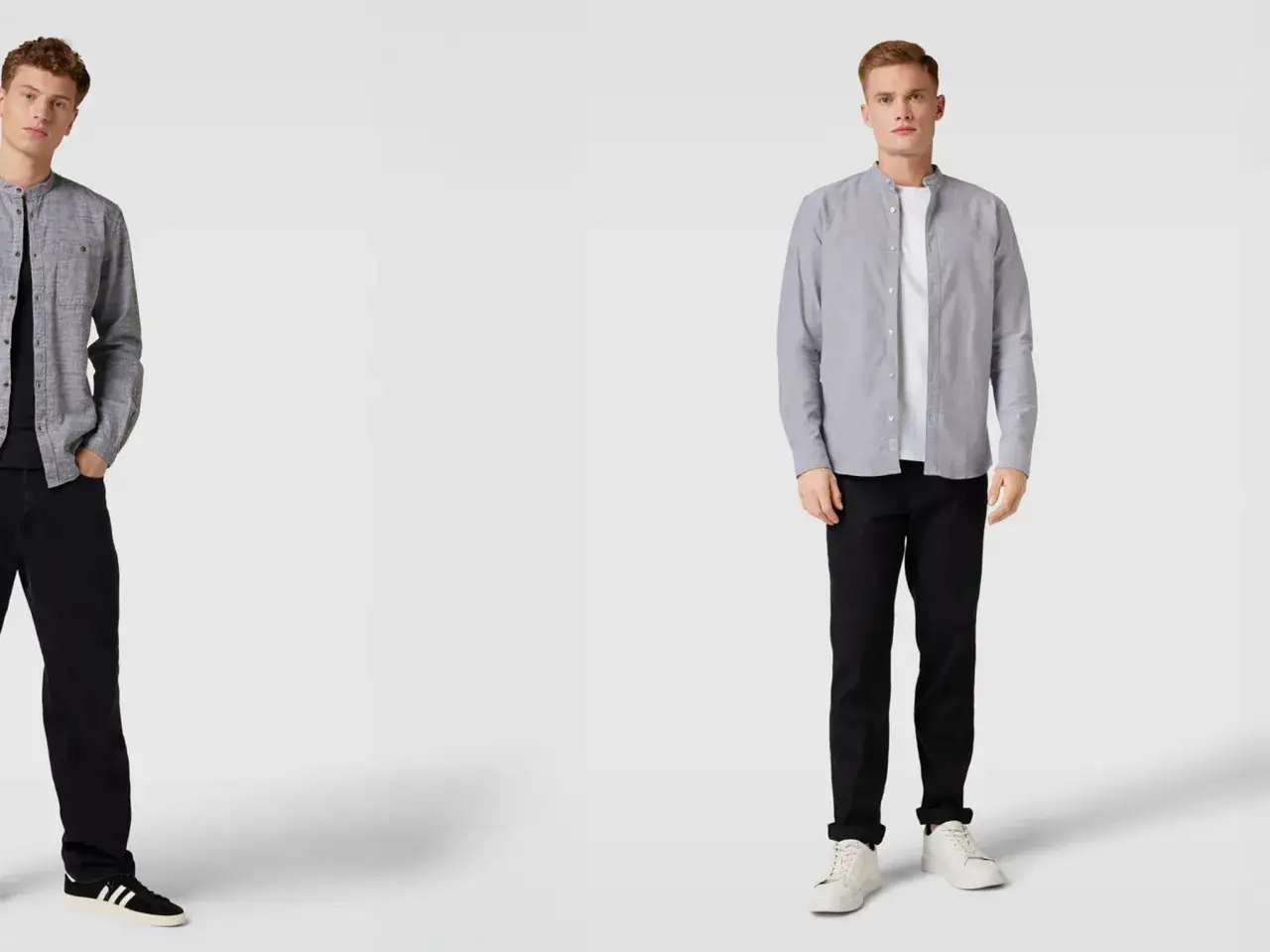 Zwei M&auml;nner zeigen, wie man ein graues Hemd kombinieren kann: l&auml;ssig mit schwarzer Jeans und Sneakern.
