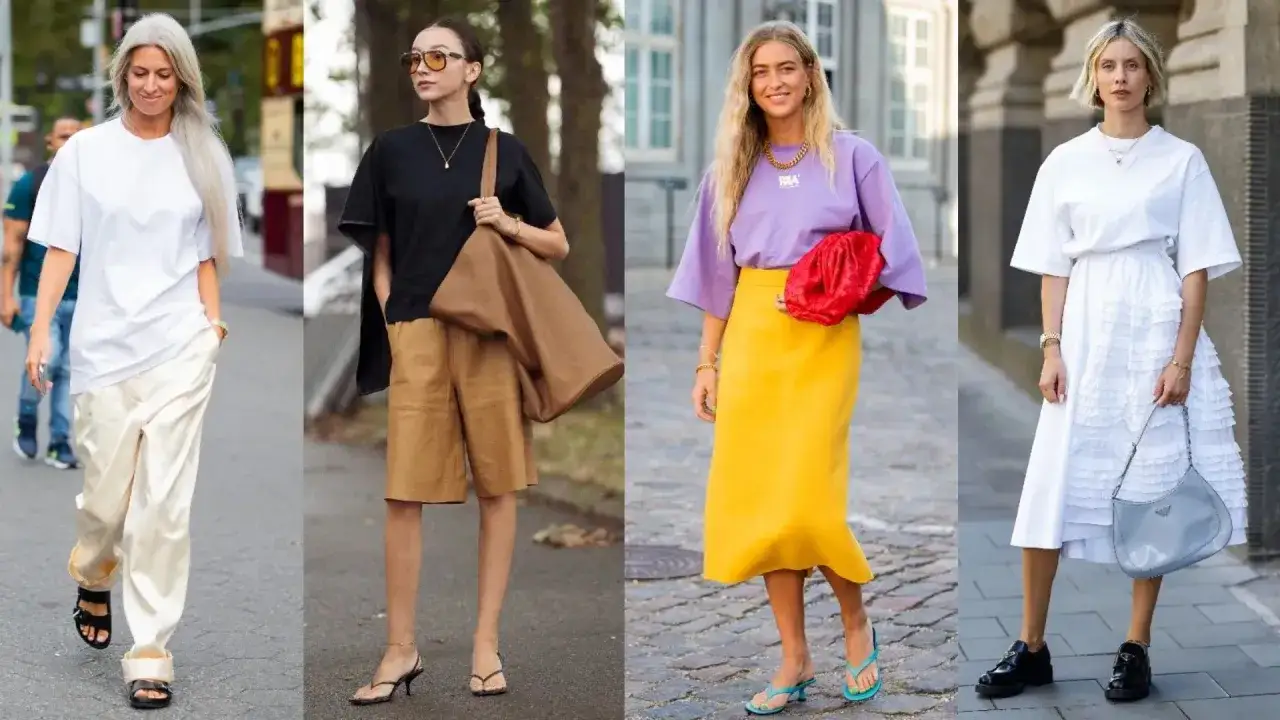 Vier Frauen zeigen, wie man ein oversized T-Shirt stylen kann: mit Satinhosen, Shorts, einem gelben Rock oder einem wei&szlig;en Kleid.